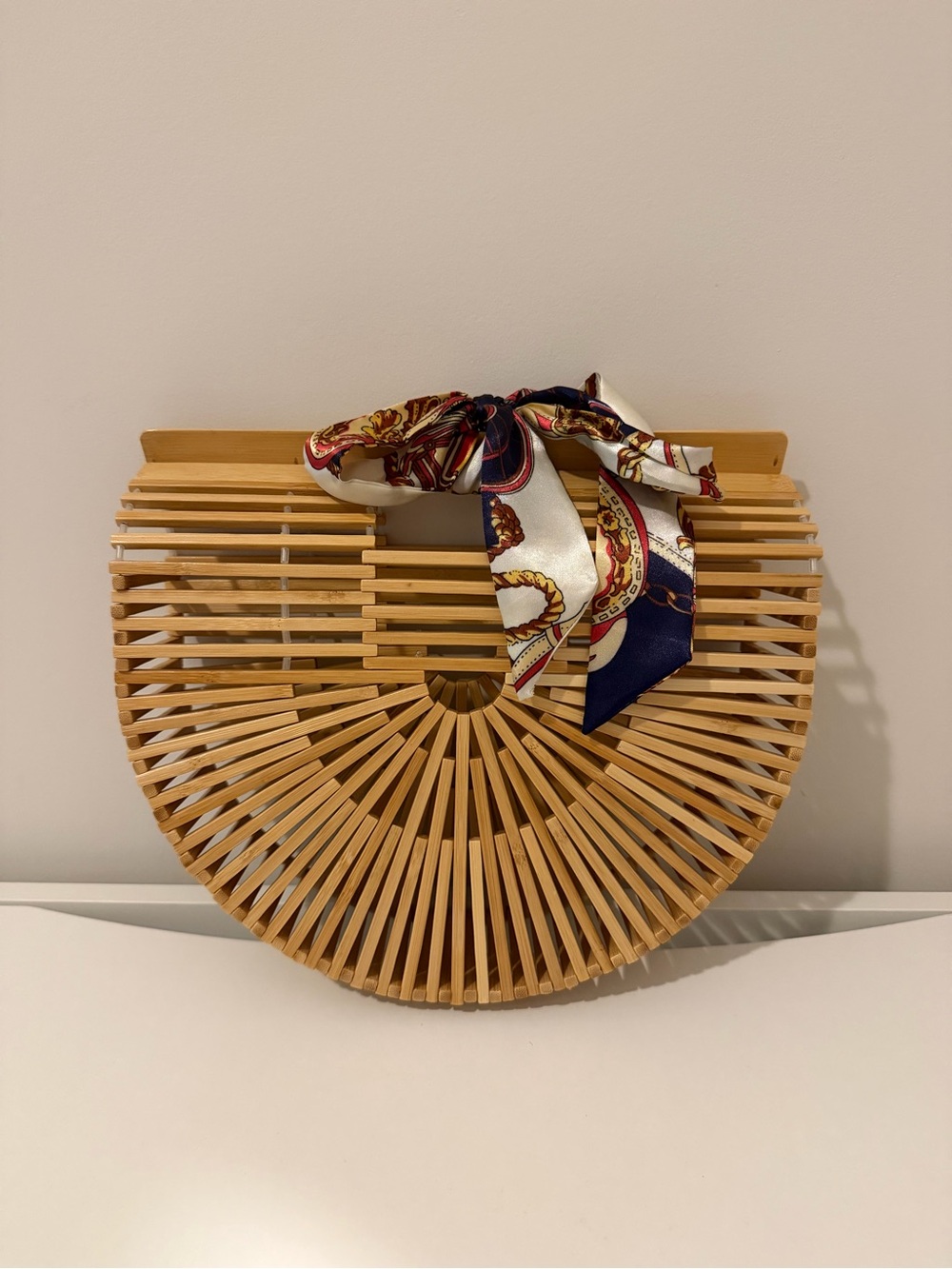Natural Bamboo Half-Moon Handbag with Decorative Scarf
